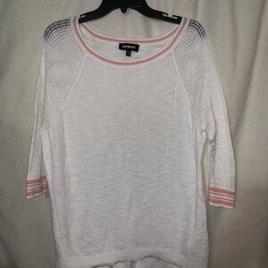 Women’s Express White 3/4 Sleeves Sweater Pink Trim See Through Sleeves Size Med